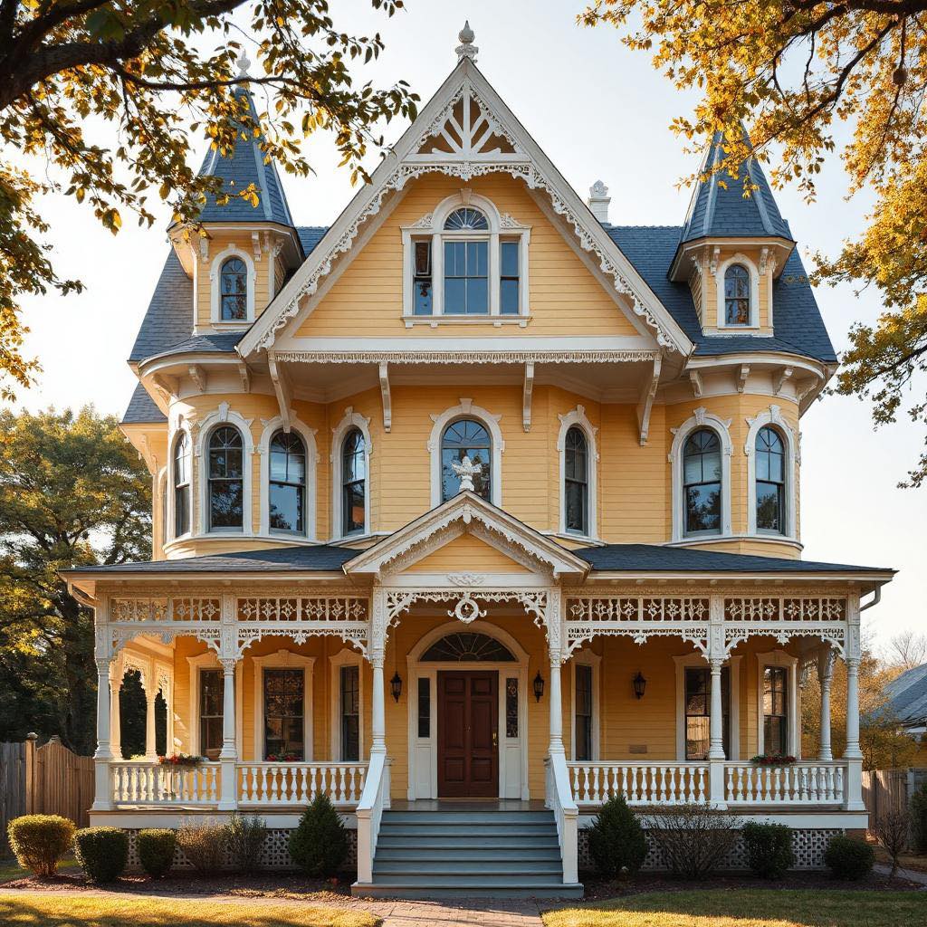 Yellow Victorian house with white porch, blue roof turrets, and fall trees