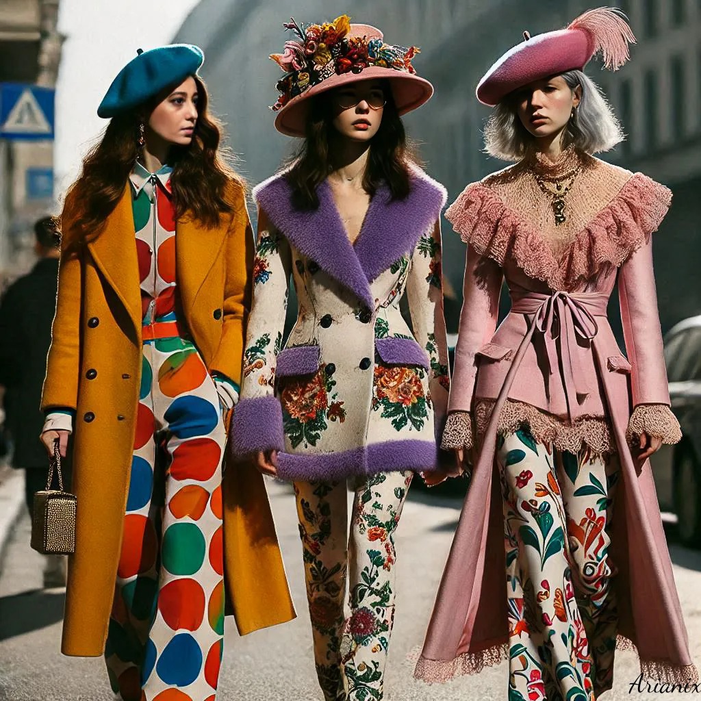 Three women wearing colorful vintage coats, decorative hats, and floral print clothing on an urban street