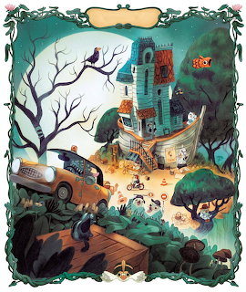 Whimsical illustrated treehouse with vintage car, birds, moon, and decorative foliage border