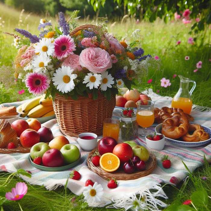 Picnic table with flower basket, assorted fruits, pastries, and beverages in garden
