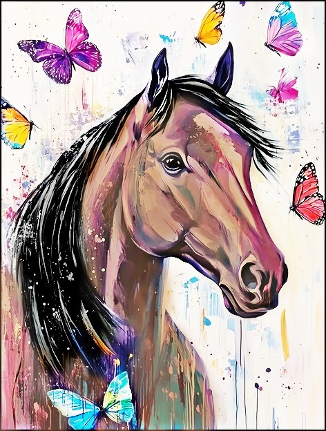 Colorful painted horse portrait with butterflies around it
