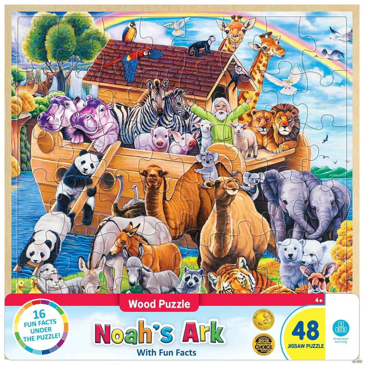 Colorful Noah's Ark illustration with many animals, a rainbow, and birds around the boat