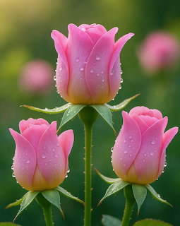 Three pink rose buds with water droplets on petals and stems against a blurred green background