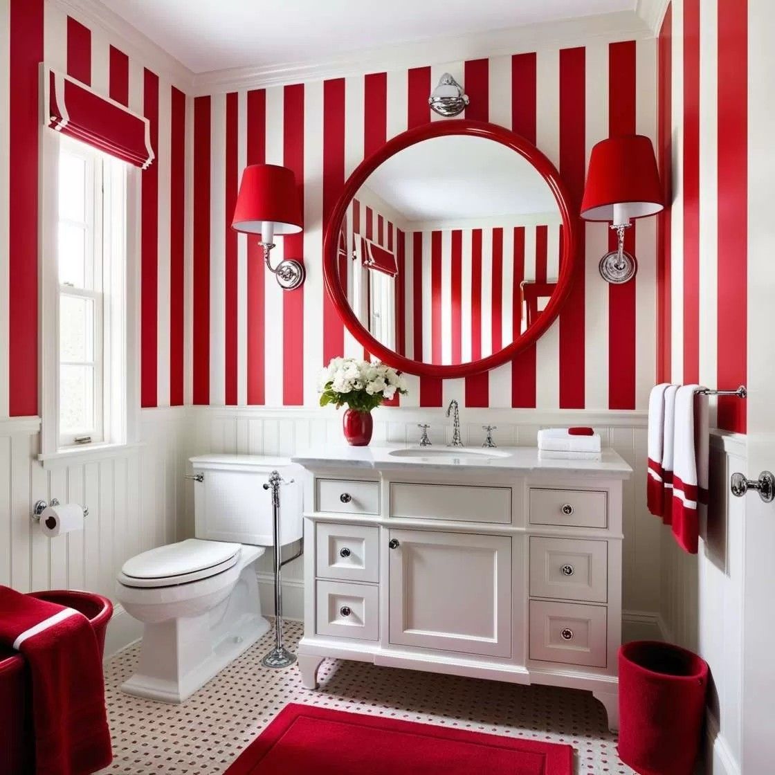 Bathroom interior with red and white striped walls, round mirror, white vanity, toilet, and red decor