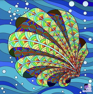 Ornate seashell with rainbow geometric patterns on wavy blue ocean background