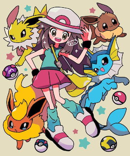 Colorful anime art of girl trainer with eight different evolved Eevee Pokémon characters surrounded by stars and Pokéballs