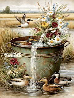 Painting of mallard ducks around a rustic tub with flowers and flowing water in a marsh