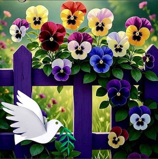 Vibrant pansies in various colors surrounding a purple wooden fence with a white dove in flight