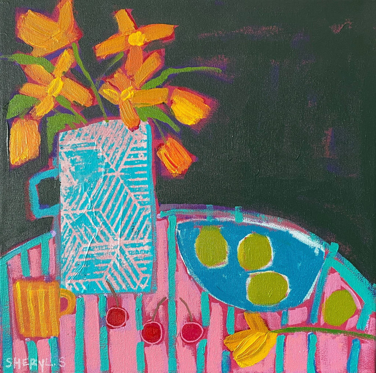 Abstract still life painting with orange flowers in turquoise vase, limes and cherries on plate, pink striped table