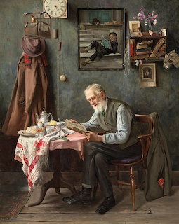Painting of an elderly bearded man sitting at a table and reading a letter in a rustic room