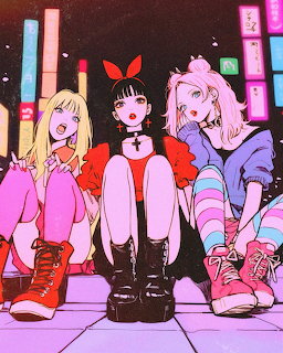 Three anime girls sitting in front of colorful neon signs at night