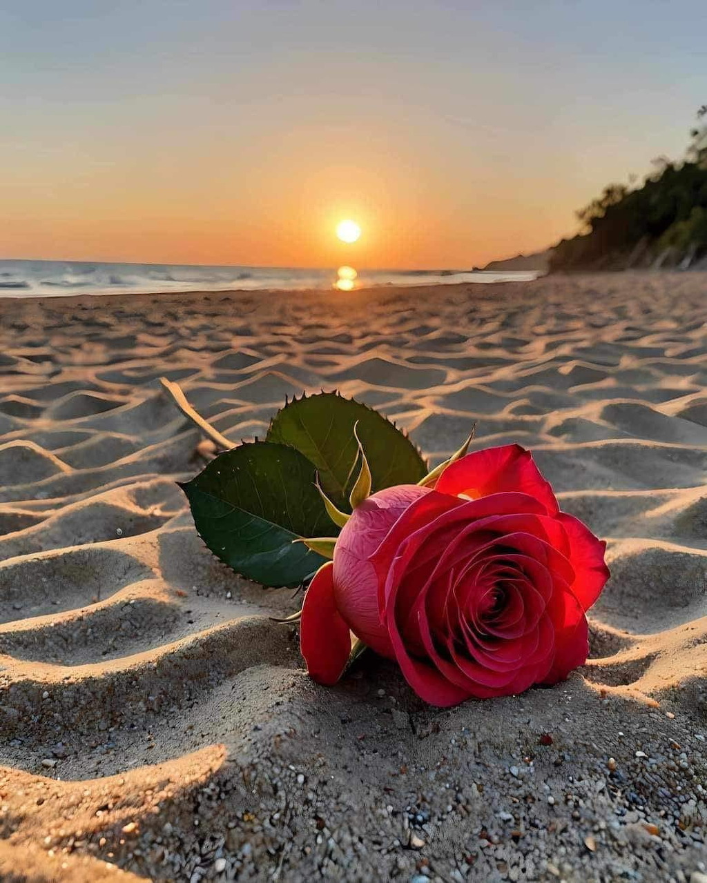 Red rose resting on sandy beach at sunset with ocean in the background