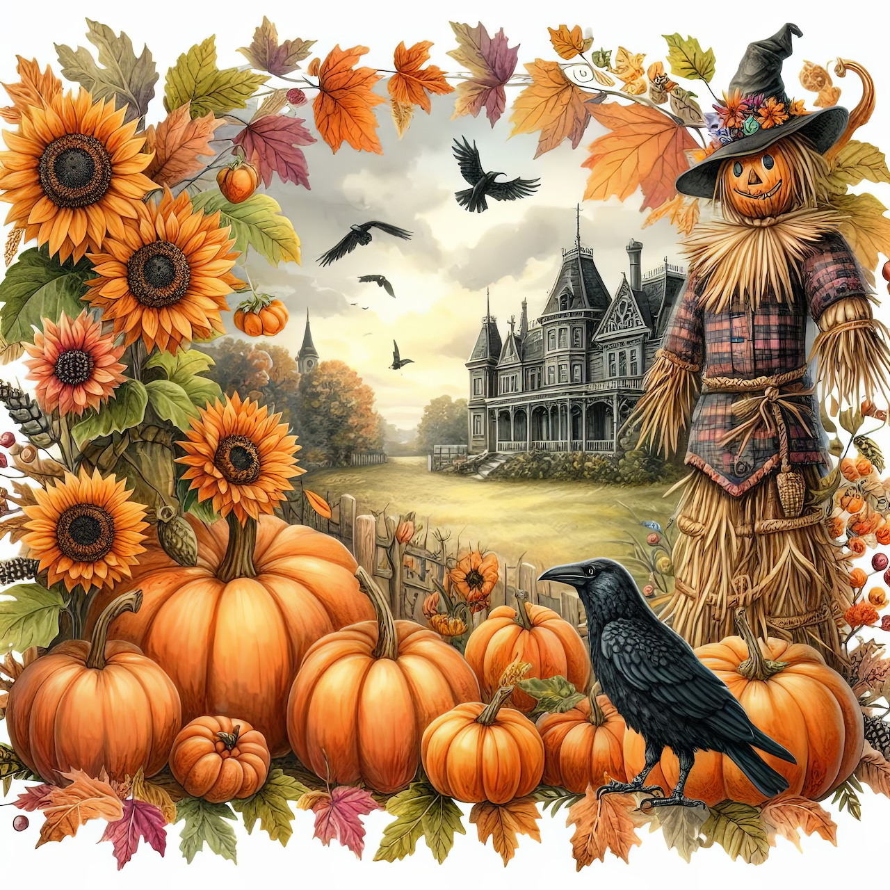 Autumn scene with scarecrow, pumpkins, sunflowers, fall leaves, and Gothic mansion