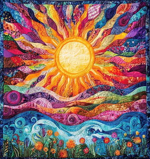 Colorful patchwork quilt with a large sun radiating multicolored rays over hills, waves, and flowers