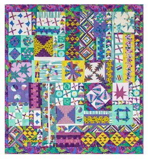 Vibrant modern patchwork quilt with geometric and floral patterns in purple, teal, yellow, and pink