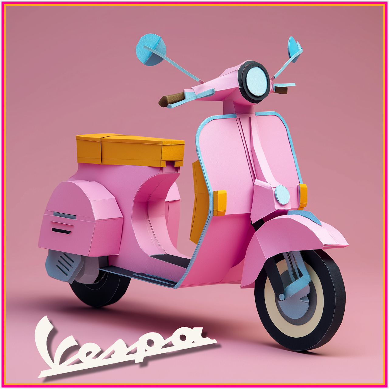 Pink scooter with rear cargo box on a pink background