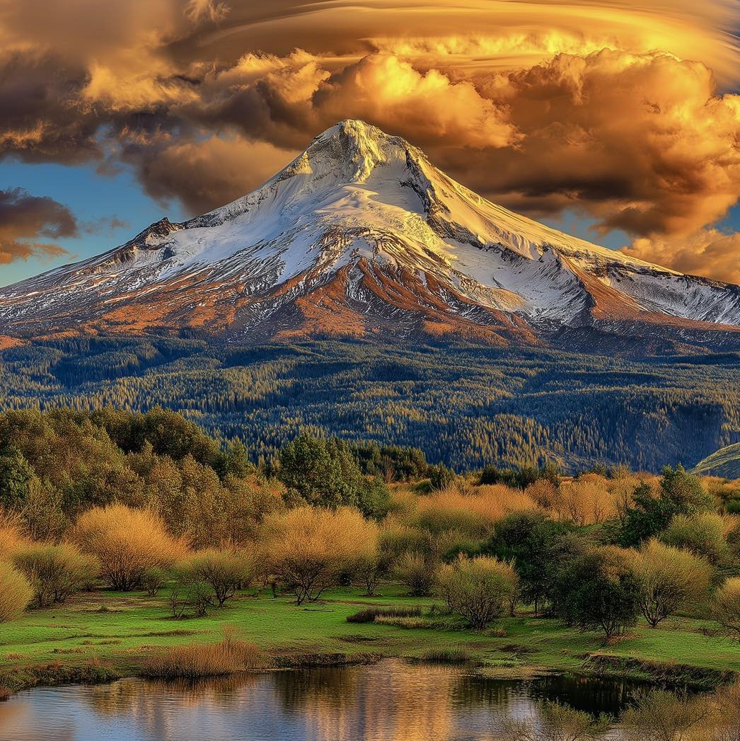 Snow-capped Mount Hood at sunset with golden clouds, forest, and lake reflection in Oregon