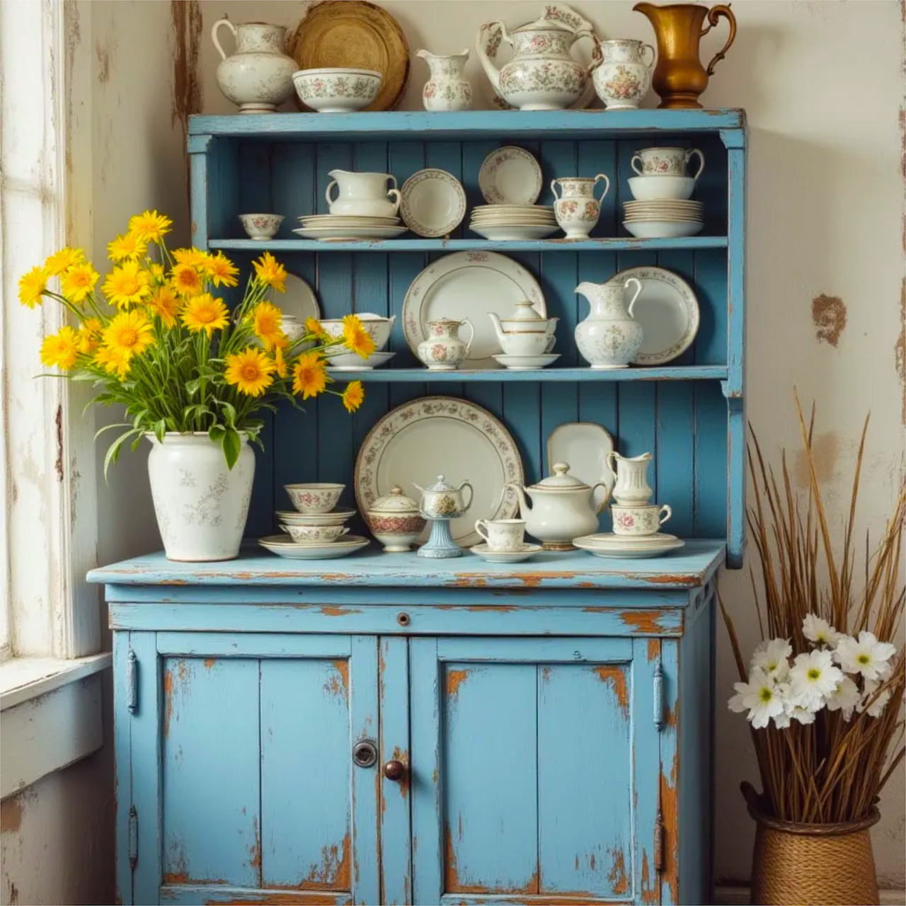 Distressed blue cupboard with white dishware and yellow flowers in rustic kitchen