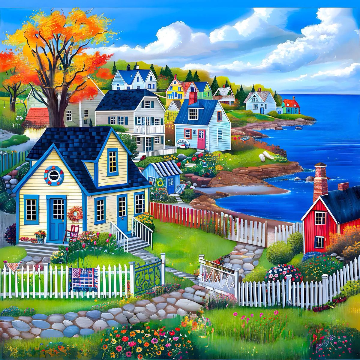 Colorful cottage houses along a scenic coastal village with autumn foliage and ocean view