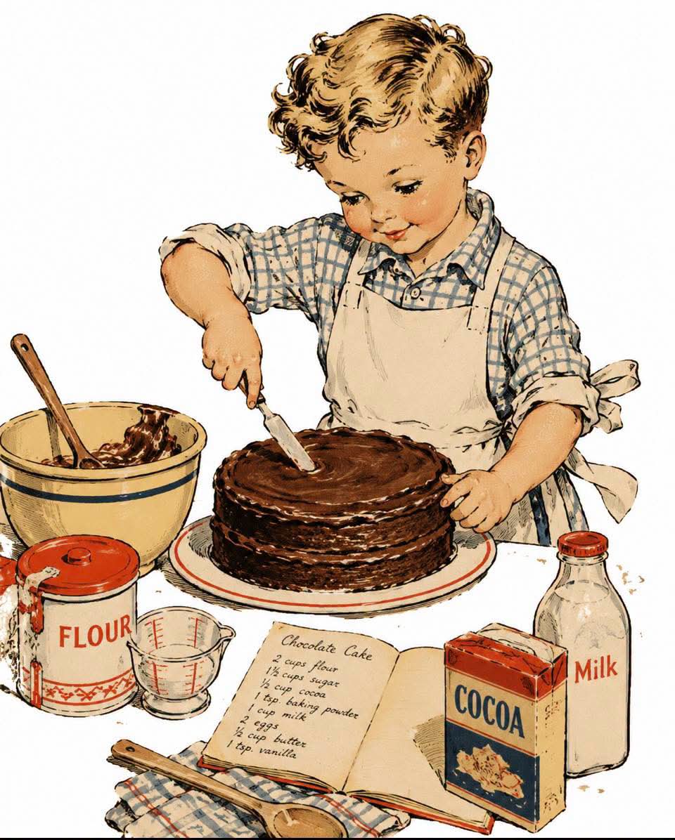 Vintage illustration of a boy frosting a chocolate layer cake with baking ingredients nearby