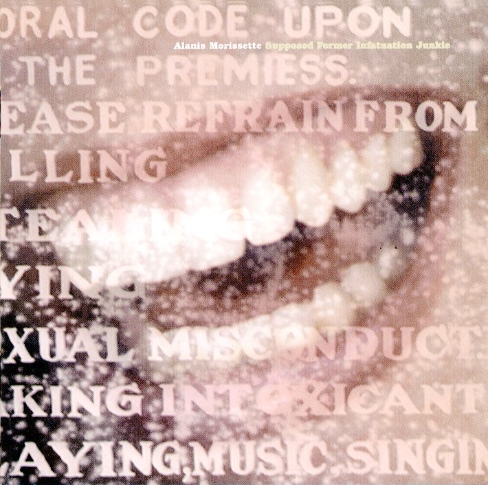 Close-up of lips and teeth with overlaid text about moral codes, Alanis Morissette album cover