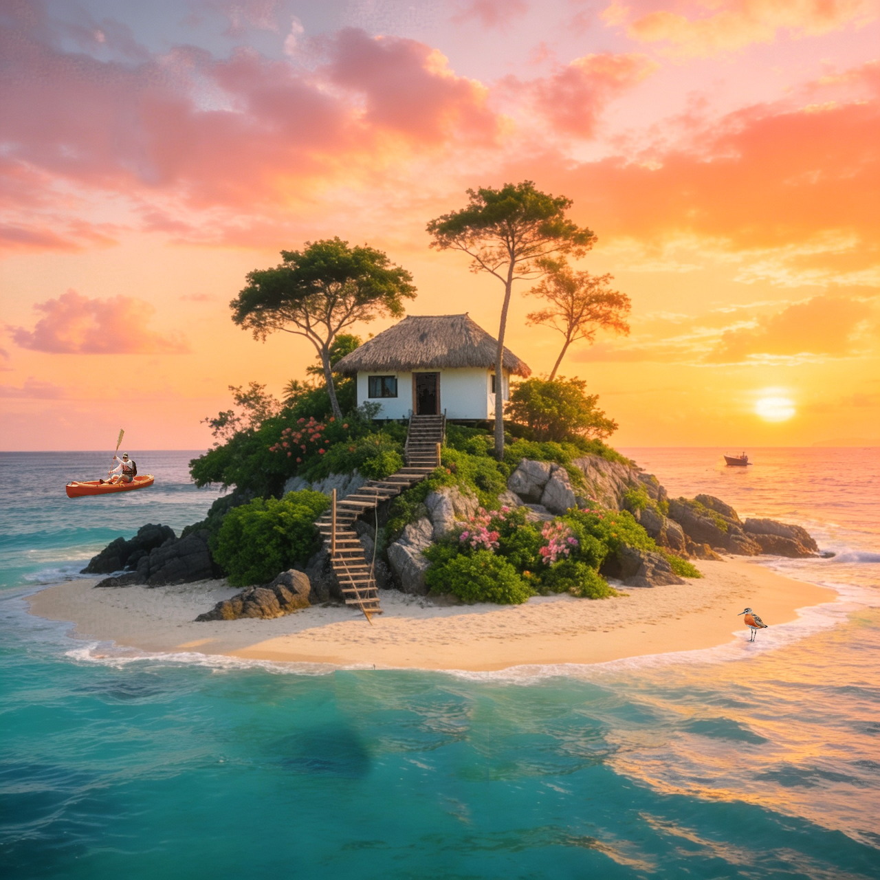 Tiny island with cottage and palm trees in turquoise ocean at sunset