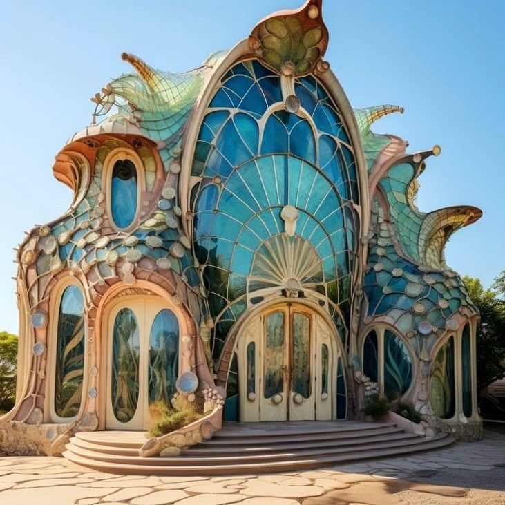 Fantastical Art Nouveau building with turquoise shell dome and flowing organic architecture