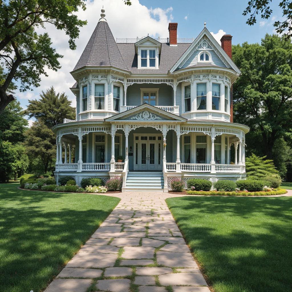 Victorian mansion with turret and wrap-around porch on green lawn
