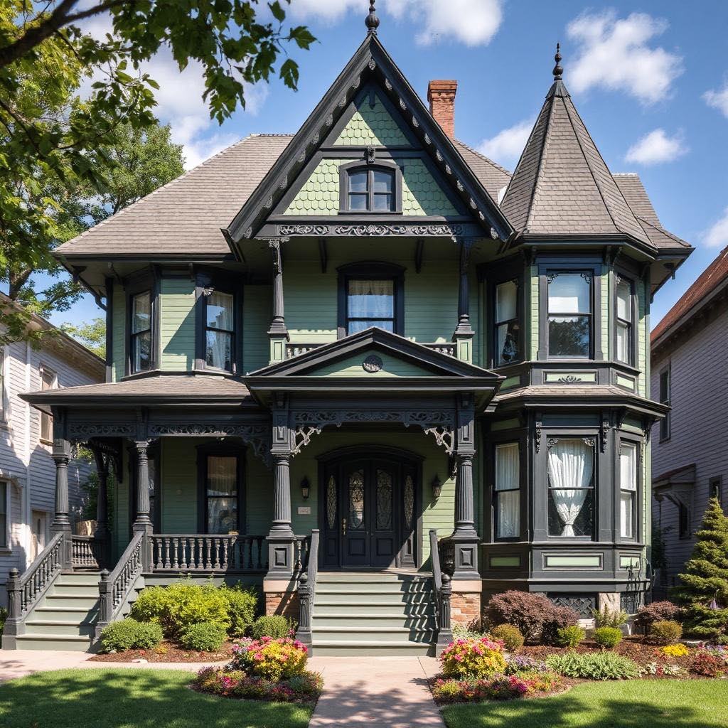 Dark Victorian mansion with turrets and ornate architectural details