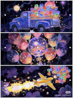 Watercolor art showing truck, balloons, and plane in starry purple sky with vibrant nebula-like clouds