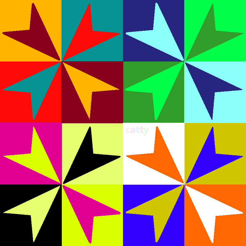 Grid of 16 colorful geometric star patterns on contrasting backgrounds