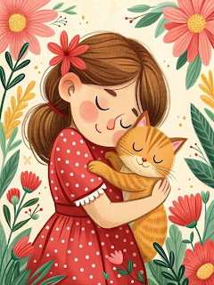 Illustrated girl in red polka dot dress hugging orange cat surrounded by flowers