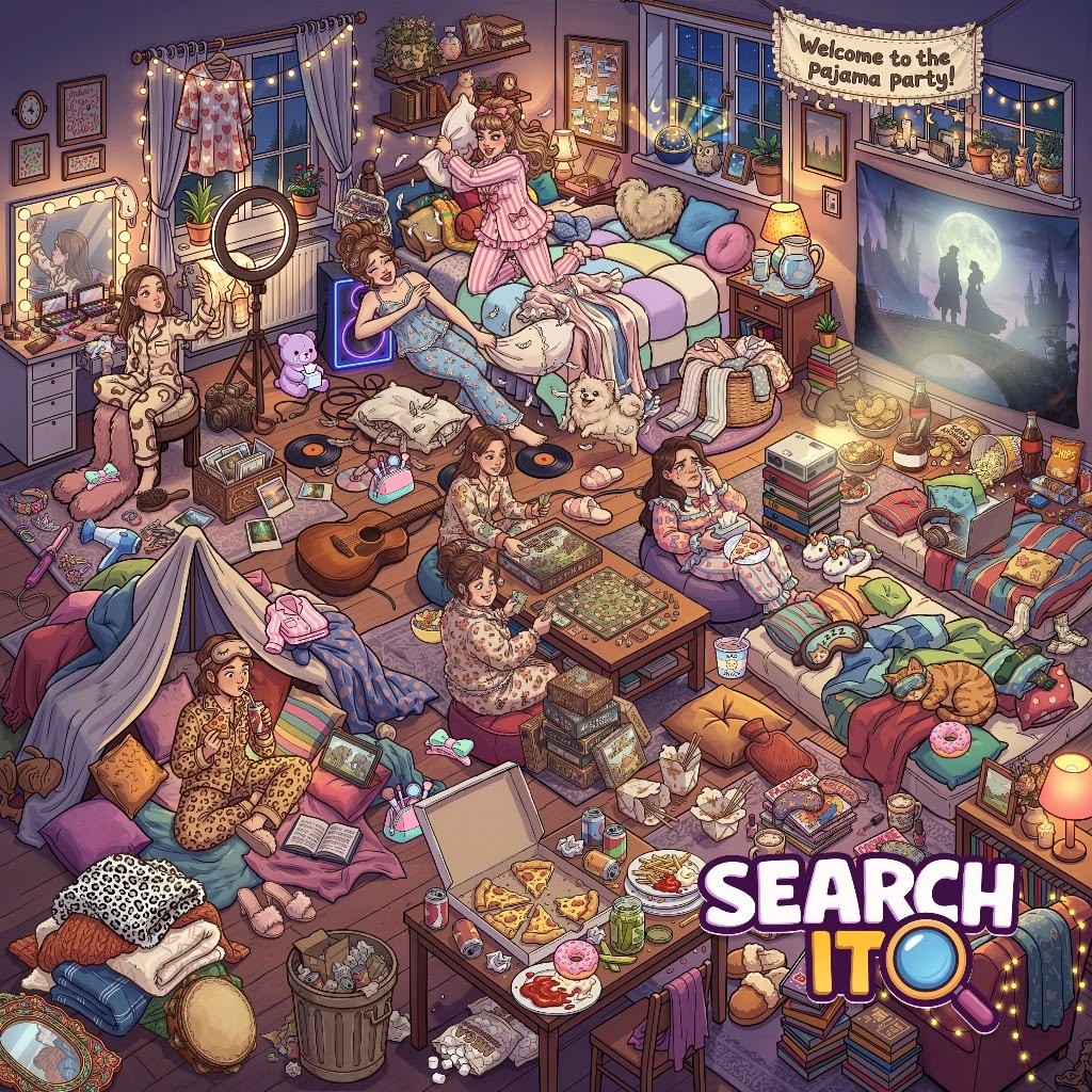 Detailed bedroom scene showing friends at a pajama party surrounded by snacks, games, and toys scattered everywhere