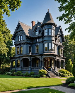 Dark Victorian mansion with turrets and ornate details on green lawn