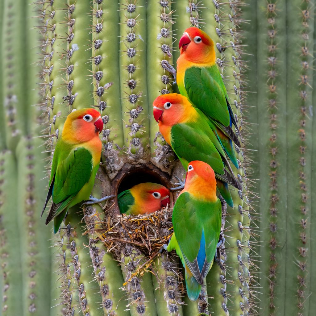 Five colorful parrots with green bodies and orange-red heads perched on a tall saguaro cactus around a nest