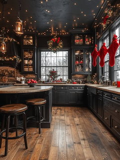 Cozy dark kitchen decorated for Christmas with stockings, wreath, lights, and wood floors