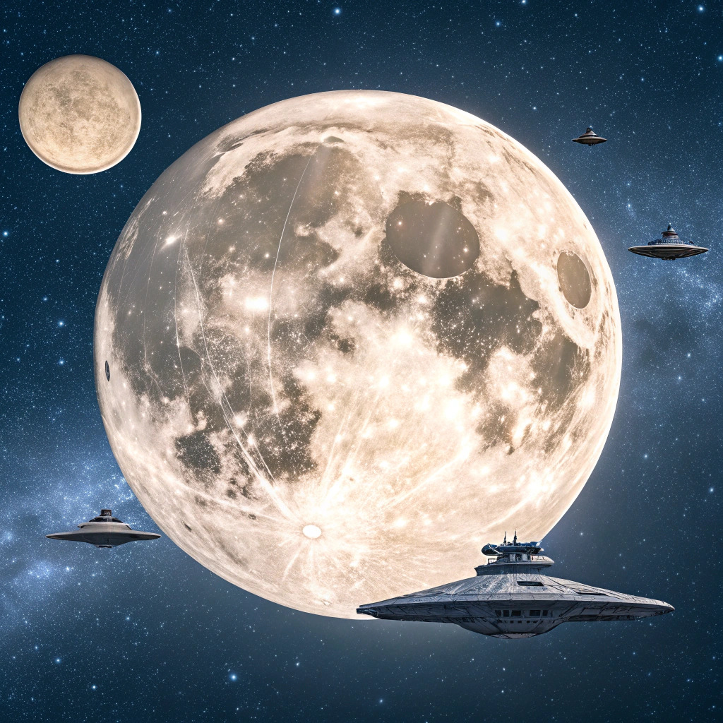 Large full moon with spaceships in starry sky
