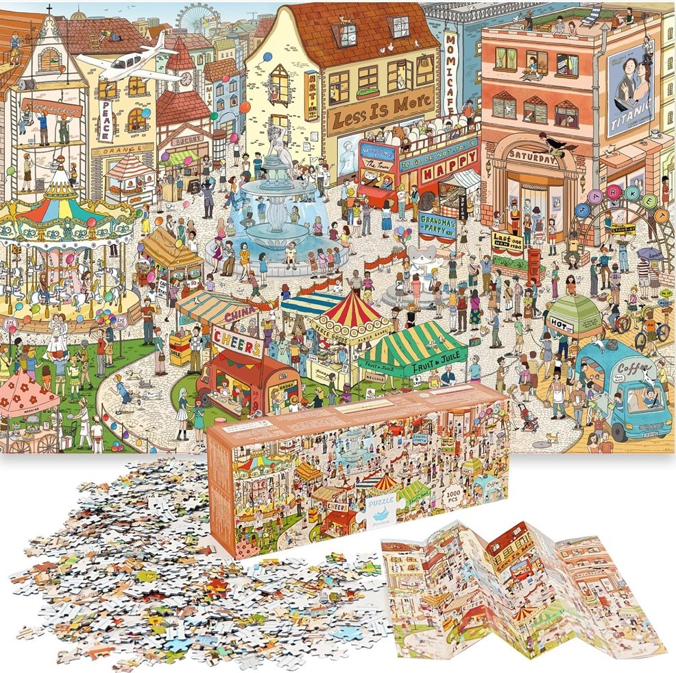 Colorful illustrated village square with buildings, fountain, market stalls, and crowd of people in vintage style