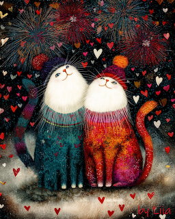 Two fluffy cats sitting side by side under colorful fireworks with hearts floating in dark sky