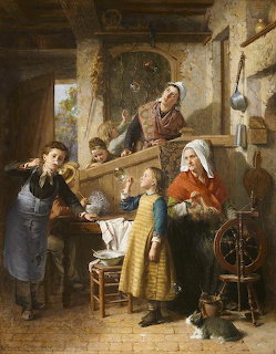 Oil painting of a family in a rustic cottage with children, a spinning wheel, and a weaving loom