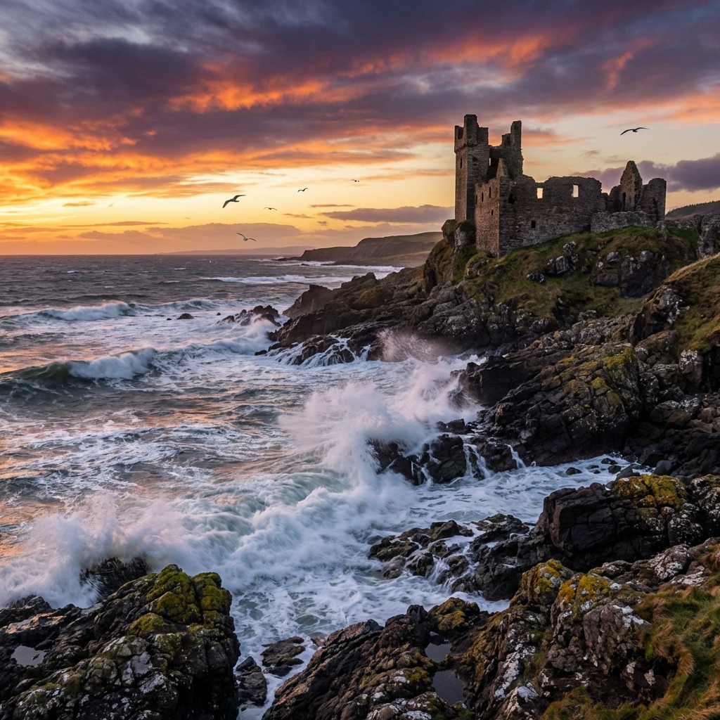 Ruined stone castle on rocky coast with crashing waves and a vivid sunset sky