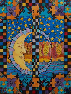Mosaic art with crescent moon face, stars, stylized trees, and geometric patterned border in vibrant colors