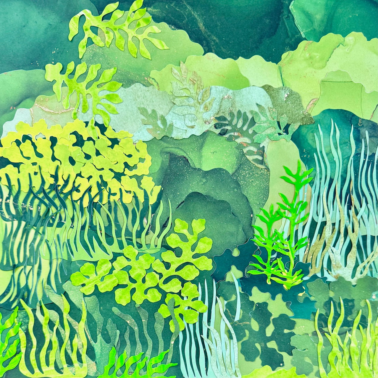 Abstract watercolor art with layered green, yellow-green, and teal organic shapes resembling leaves and plants