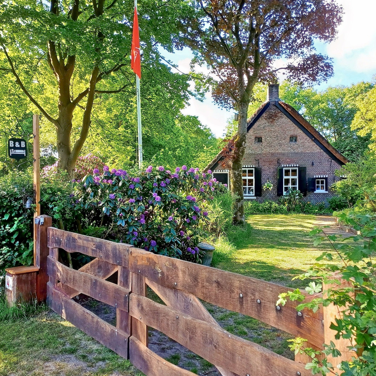 Rustic farmhouse with thatched roof behind wooden fence covered in purple flowers, green lawn and trees