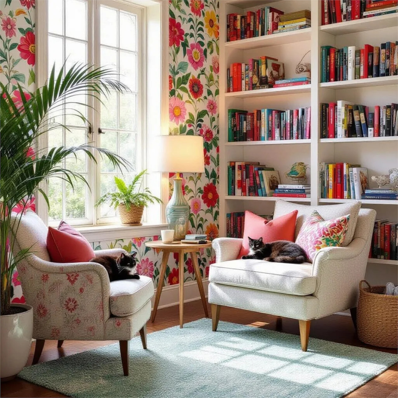 Sunlit reading corner with floral walls, bookshelves, armchairs, plants, and sleeping cats