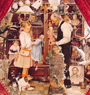 Norman Rockwell painting of a girl visiting a clutered antique shop with an old shopkeeper and many curiosities