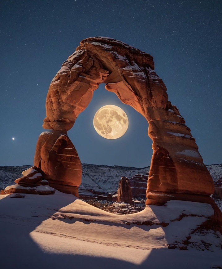 Delicate Arch sandstone formation with a full moon visible through the arch opening on a snowy night