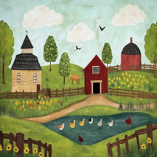 Red Barn Ducks and Flowers