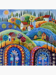 Colorful folk art village with white houses, patterned trees, and decorative arches on rolling hills