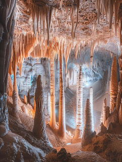 Illuminated stalactites and stalagmites inside Carlsbad Caverns National Park, New Mexico
